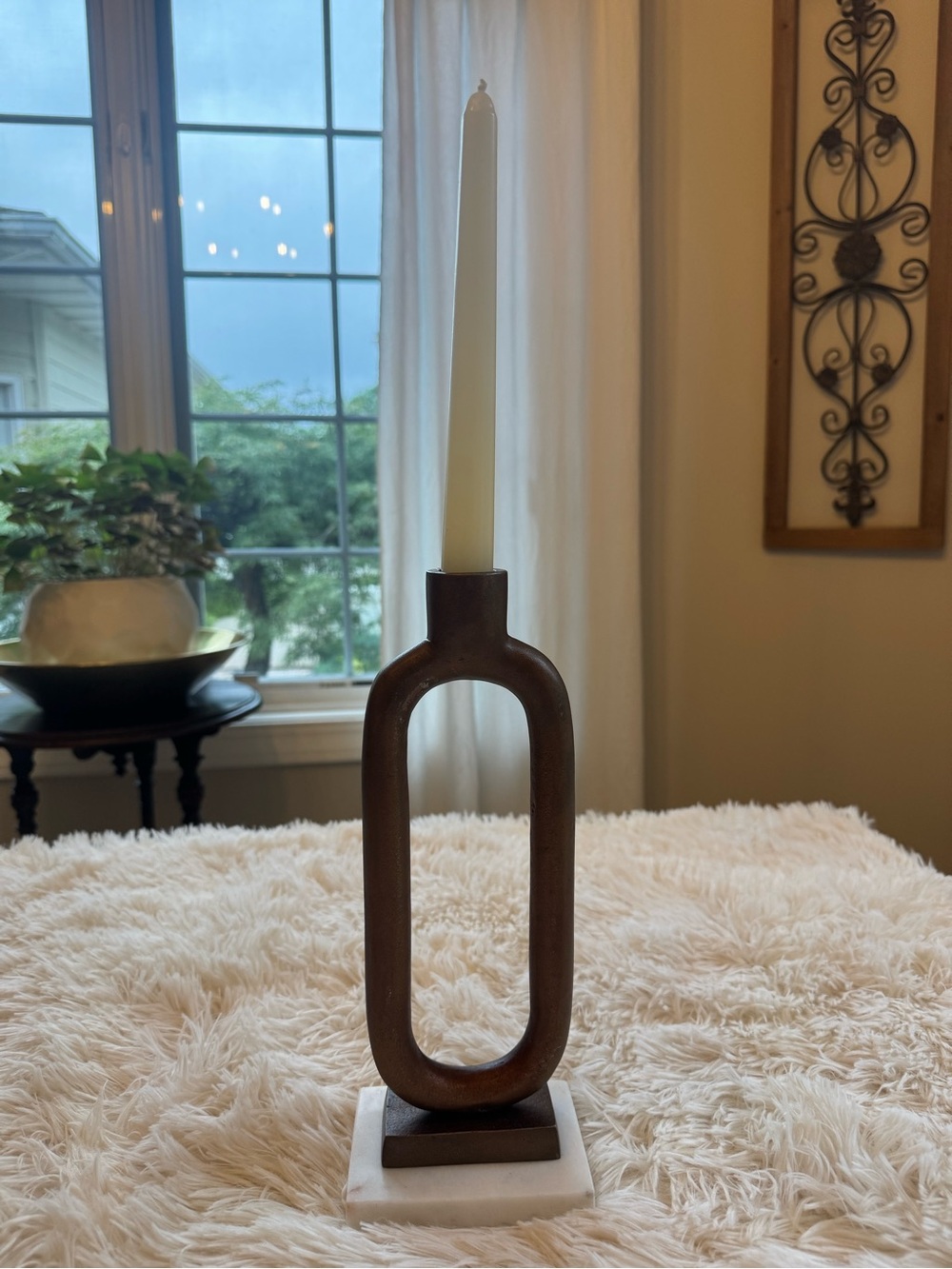 Modern Bronze Metal Loop Candle Holder with White Marble Base
